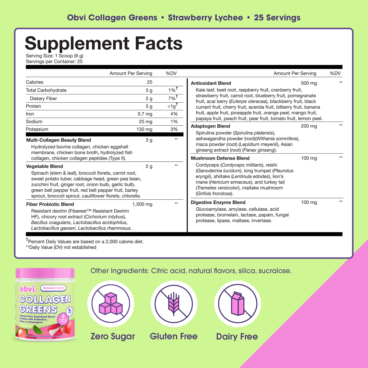 Obvi Collagen Greens Strawberry Lychee - Nutrient-Rich Superfood Drink for Healthy Skin & Hair