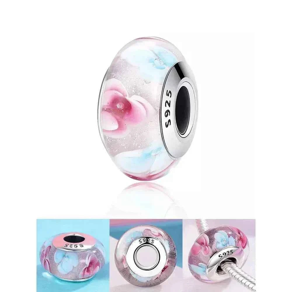 925 Sterling Silver Pink Flower Murano Glass Beads - Diy Bracelet Charms For A Festive Touch (Scz001)
