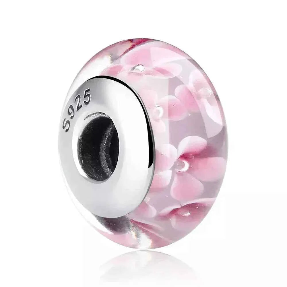 925 Sterling Silver Pink Flower Murano Glass Beads - Diy Bracelet Charms For A Festive Touch (Scz001)