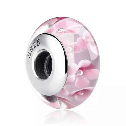 925 Sterling Silver Pink Flower Murano Glass Beads - Diy Bracelet Charms For A Festive Touch (Scz001)