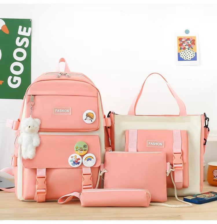 New School Bag Backpack Female Korean Version Canvas Large Capacity Five-Piece Set Middle School Student Backpack Student School Bag Female