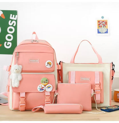 New School Bag Backpack Female Korean Version Canvas Large Capacity Five-Piece Set Middle School Student Backpack Student School Bag Female