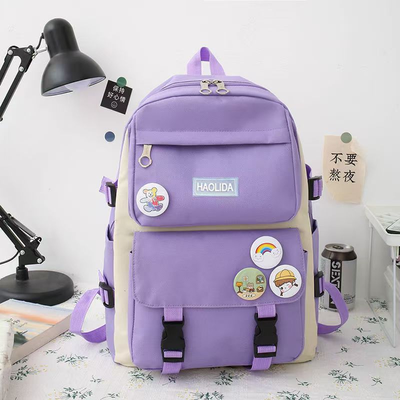 New School Bag Backpack Female Korean Version Canvas Large Capacity Five-Piece Set Middle School Student Backpack Student School Bag Female
