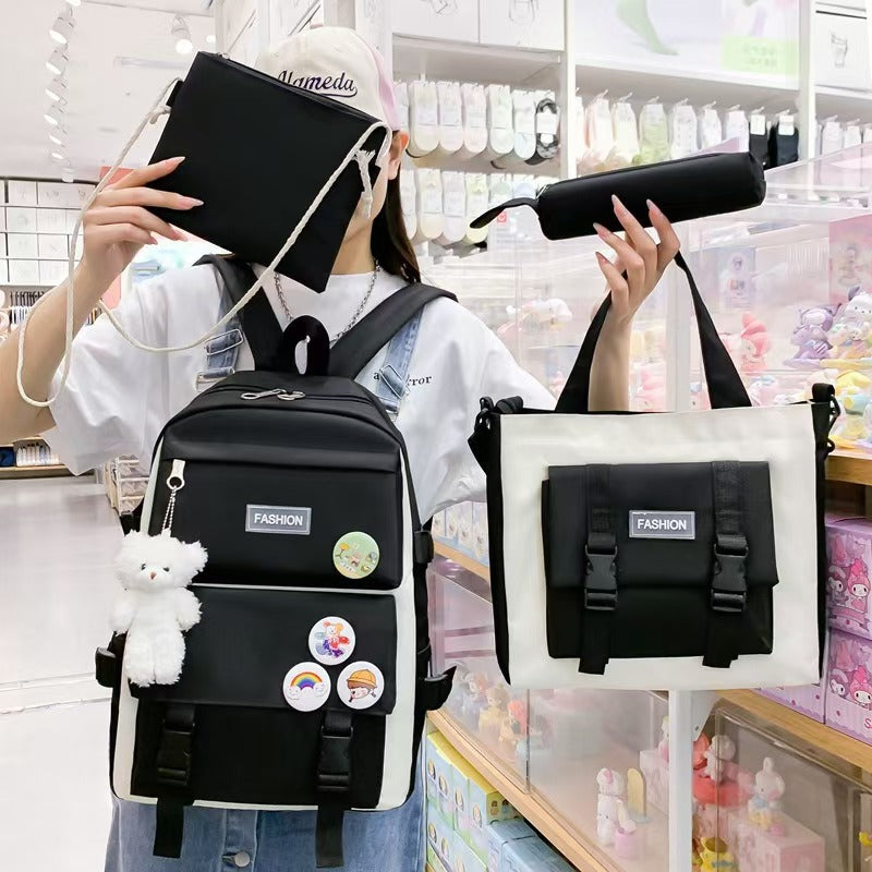 New School Bag Backpack Female Korean Version Canvas Large Capacity Five-Piece Set Middle School Student Backpack Student School Bag Female