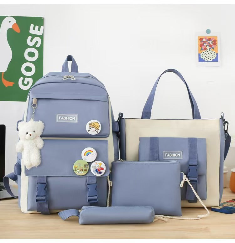 New School Bag Backpack Female Korean Version Canvas Large Capacity Five-Piece Set Middle School Student Backpack Student School Bag Female