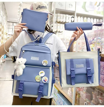 New School Bag Backpack Female Korean Version Canvas Large Capacity Five-Piece Set Middle School Student Backpack Student School Bag Female