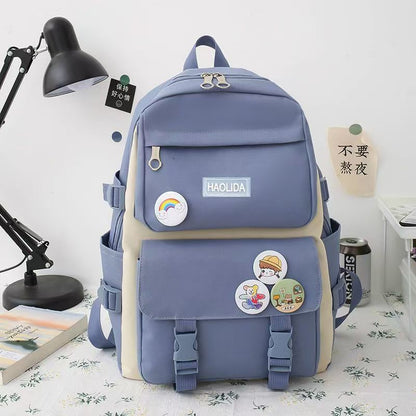 New School Bag Backpack Female Korean Version Canvas Large Capacity Five-Piece Set Middle School Student Backpack Student School Bag Female