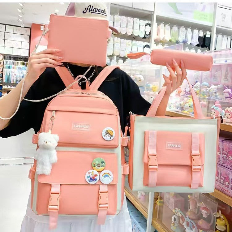 New School Bag Backpack Female Korean Version Canvas Large Capacity Five-Piece Set Middle School Student Backpack Student School Bag Female