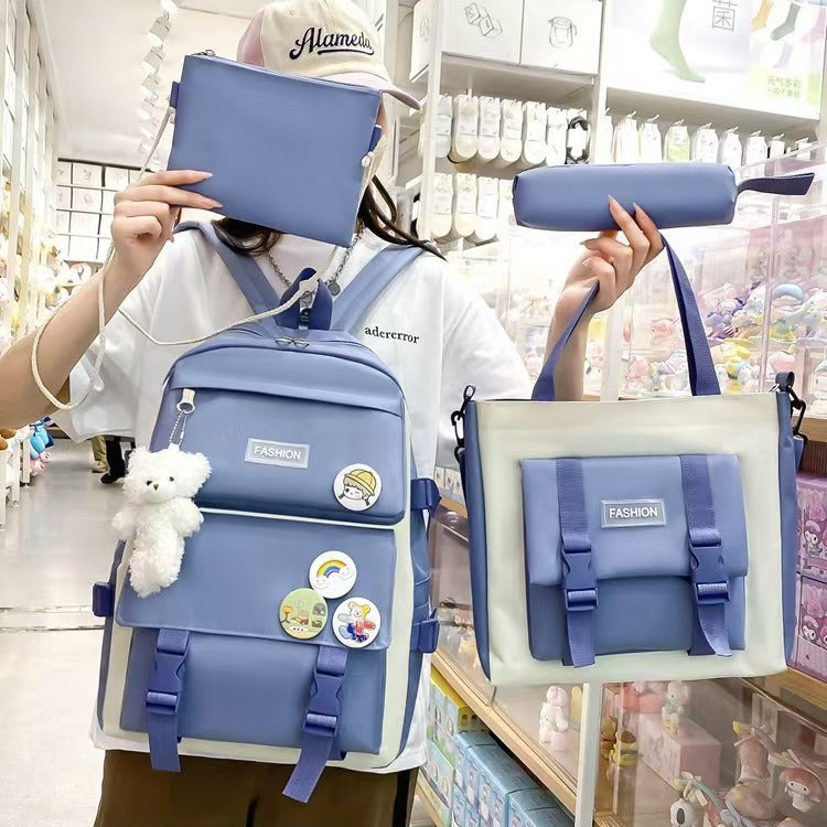 New School Bag Backpack Female Korean Version Canvas Large Capacity Five-Piece Set Middle School Student Backpack Student School Bag Female