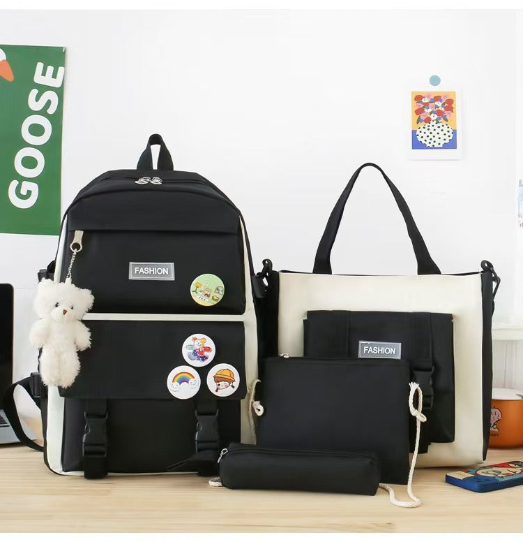 New School Bag Backpack Female Korean Version Canvas Large Capacity Five-Piece Set Middle School Student Backpack Student School Bag Female