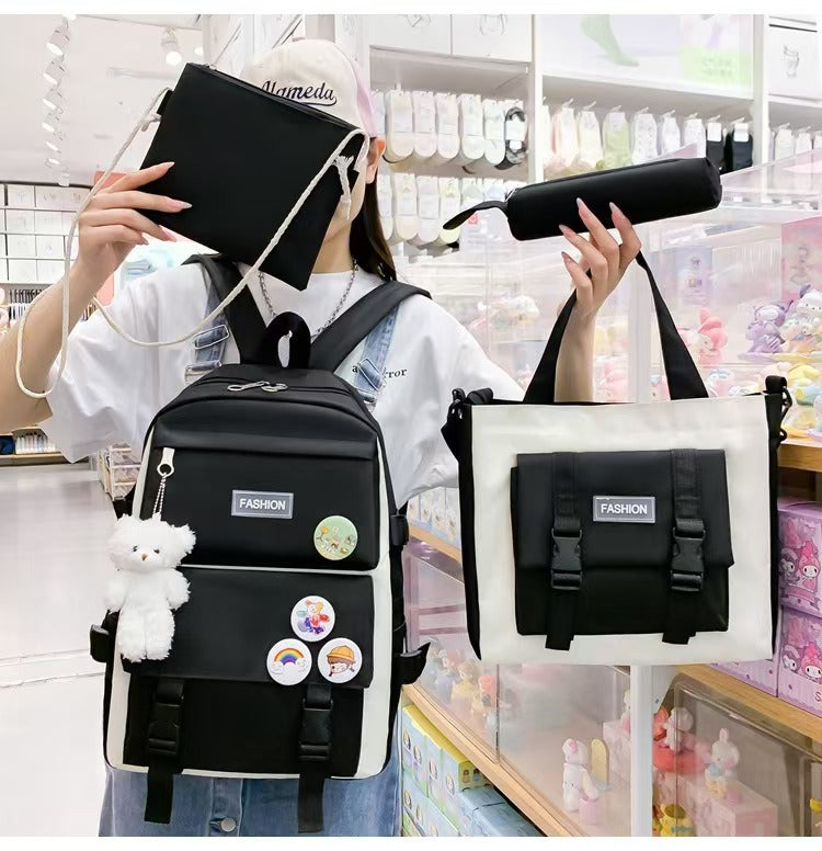 New School Bag Backpack Female Korean Version Canvas Large Capacity Five-Piece Set Middle School Student Backpack Student School Bag Female