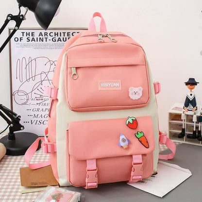 New School Bag Backpack Female Korean Version Canvas Large Capacity Five-Piece Set Middle School Student Backpack Student School Bag Female
