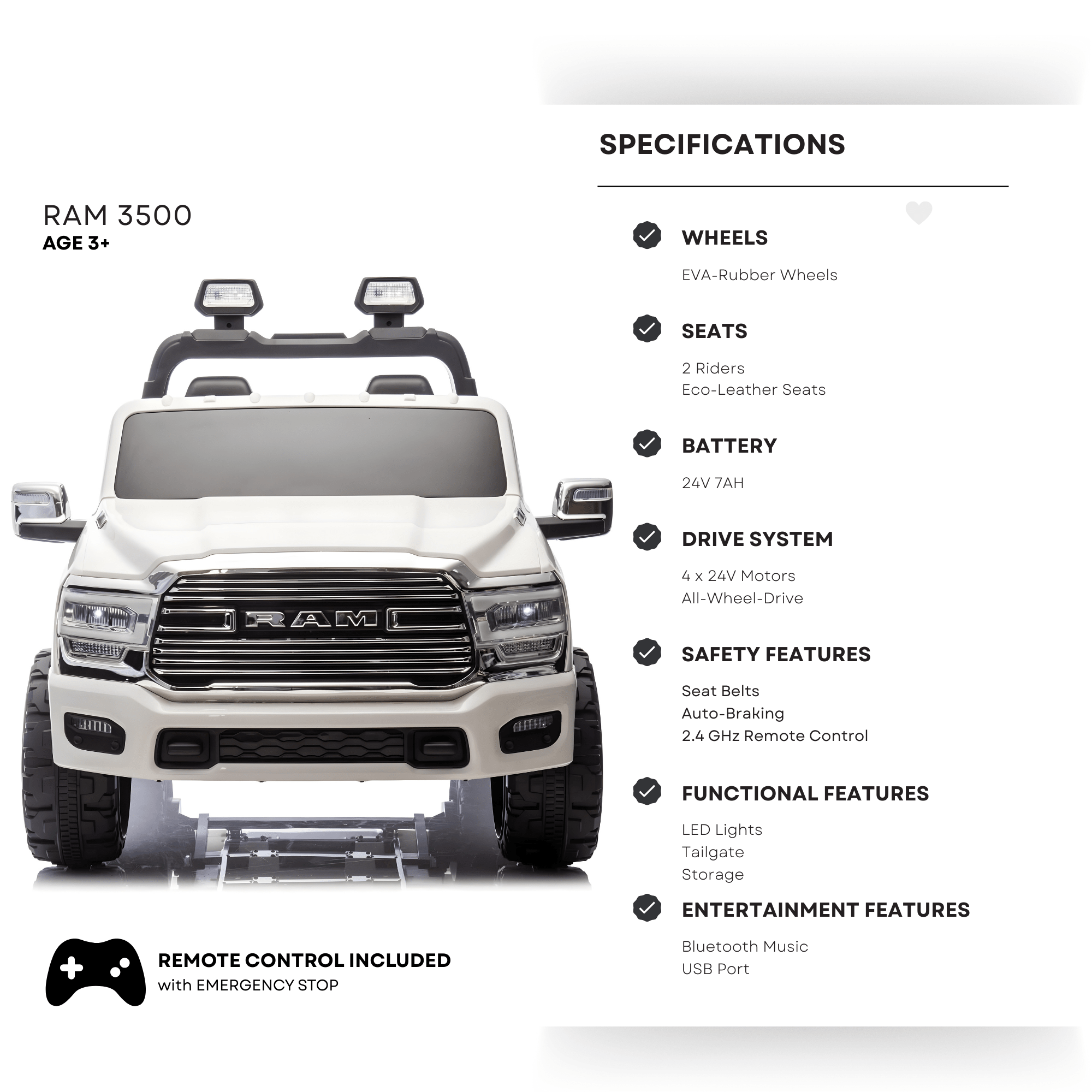 White Complete Edition XXL 2-Seater 4x4 RAM 3500 Ride-On Truck