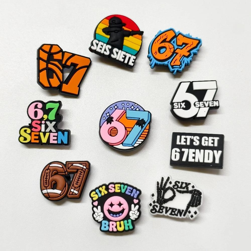 10pcs Set "67" Themed PVC Shoe Charms No. 67 Decor Soft Rubber for Sandals Slippers Bag Book Back-to-School 67 Element Classroom