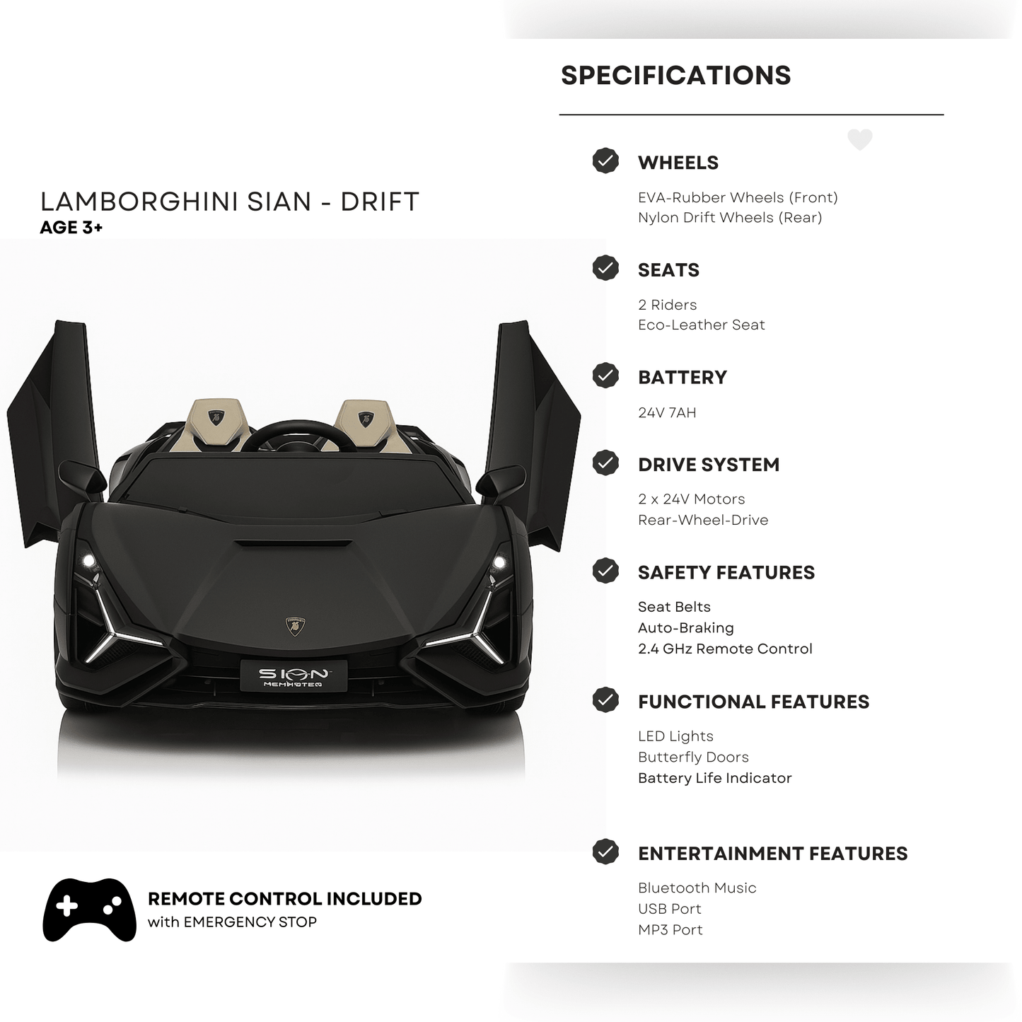 24V Luxurious Matte Black Nero Nemesis Lamborghini Sian 2-Seater Ride-On Drift Car