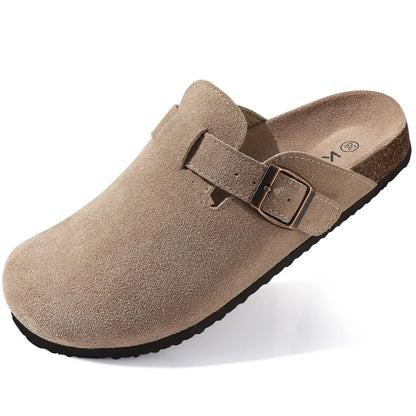 Comwarm Fashion Men's Suede Mules Slippers New Women Clogs Cork Insole Sandals With Arch Support Outdoor Beach Slides Home Shoes