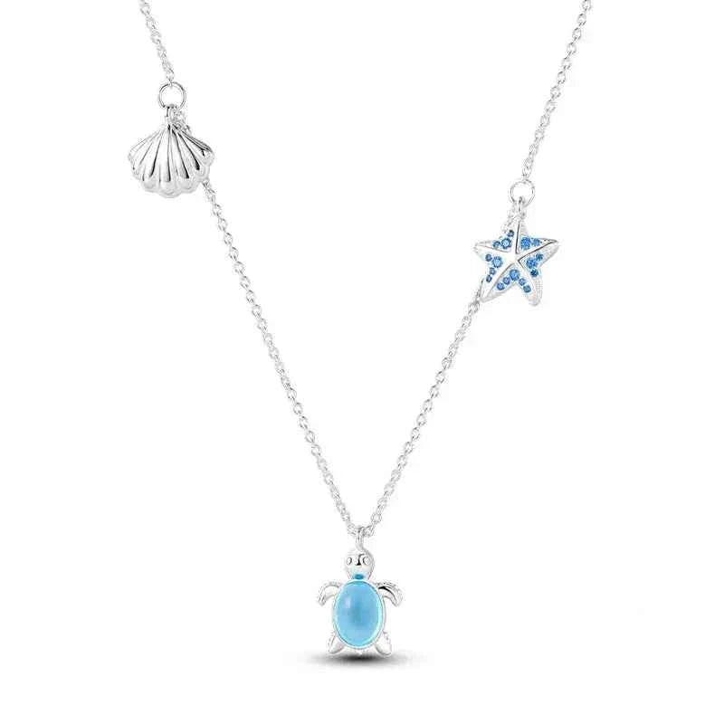 Sea Turtle Sterling Silver Necklace With Starfish And Seashell Charm