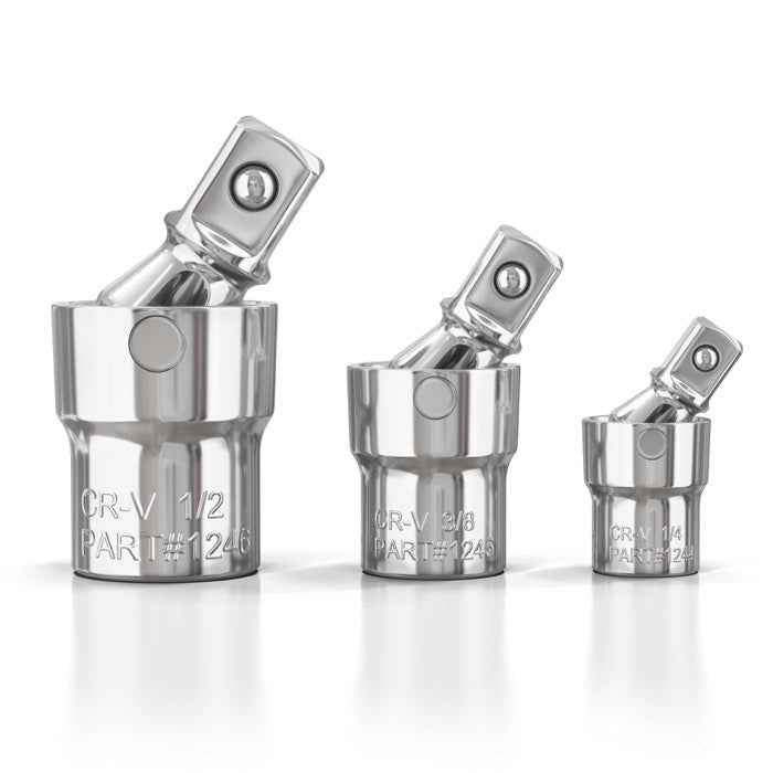 3pc Universal Joint Set, Socket Adapter 1/2", 3/8", and 1/4" drive