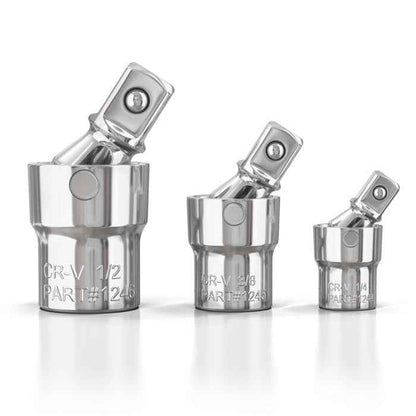 3pc Universal Joint Set, Socket Adapter 1/2", 3/8", and 1/4" drive