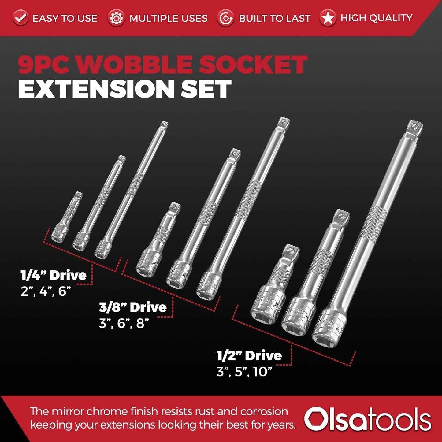 3pc Universal Joint Set, Socket Adapter 1/2", 3/8", and 1/4" drive