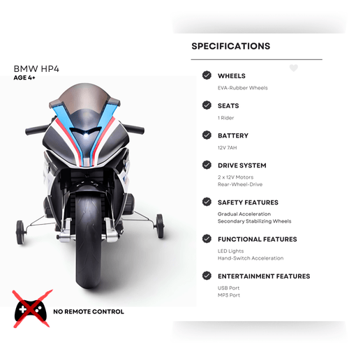 12V Blue BMW HP4 Kids' Super Motorcycle W/ EVA Rubber Wheels, Music & Lights