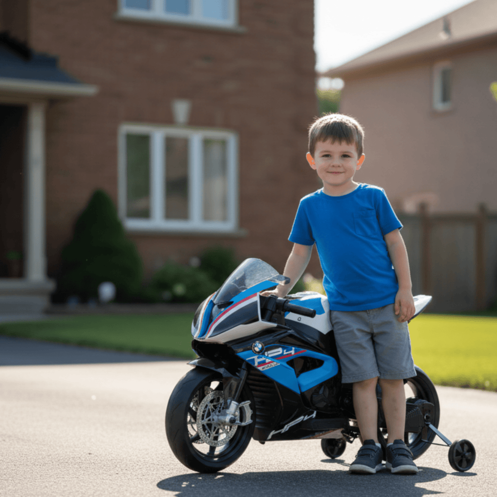 12V Blue BMW HP4 Kids' Super Motorcycle W/ EVA Rubber Wheels, Music & Lights