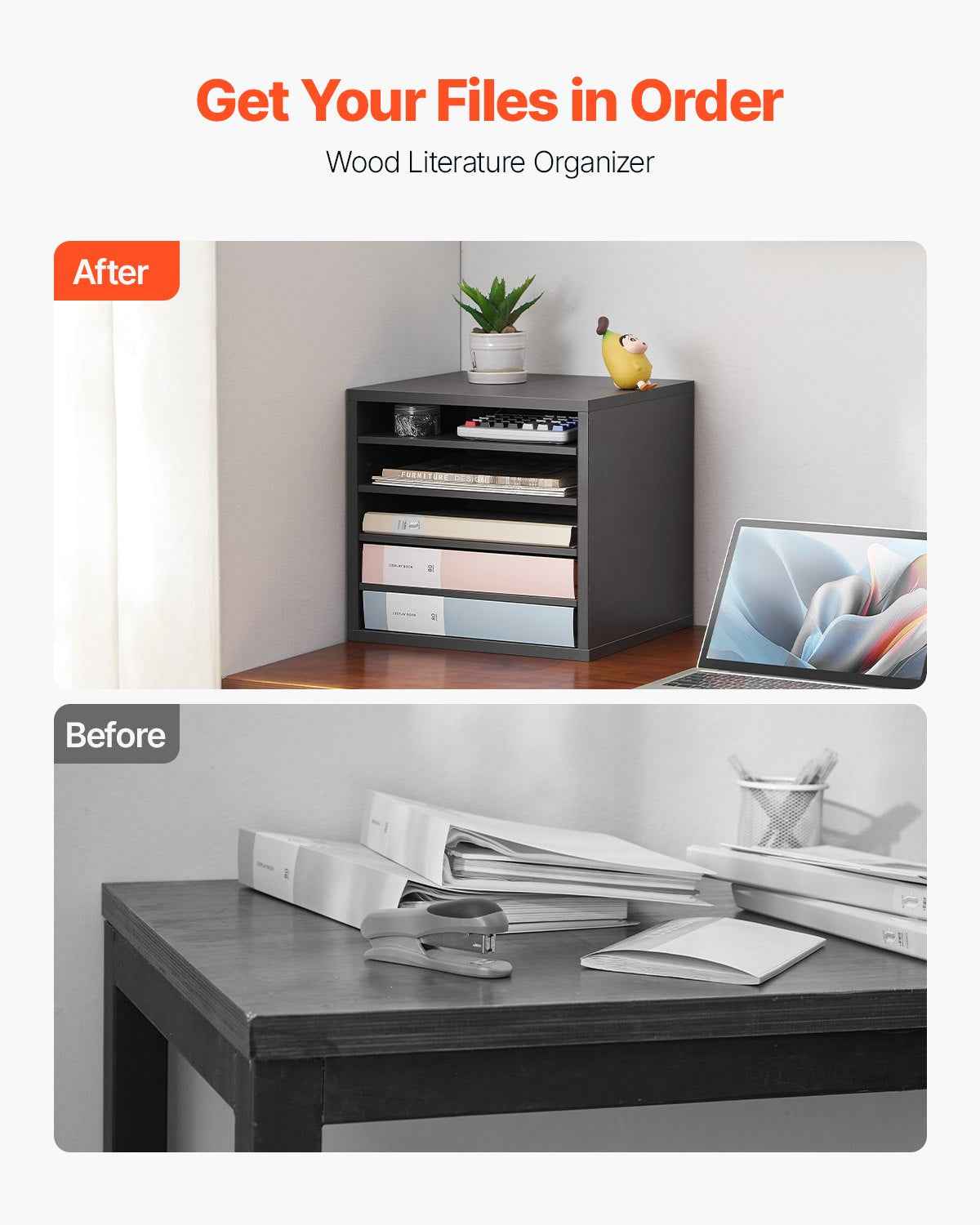 VEVOR Wooden Literature Organizer 5 Compartments with Adjustable Shelves Grey