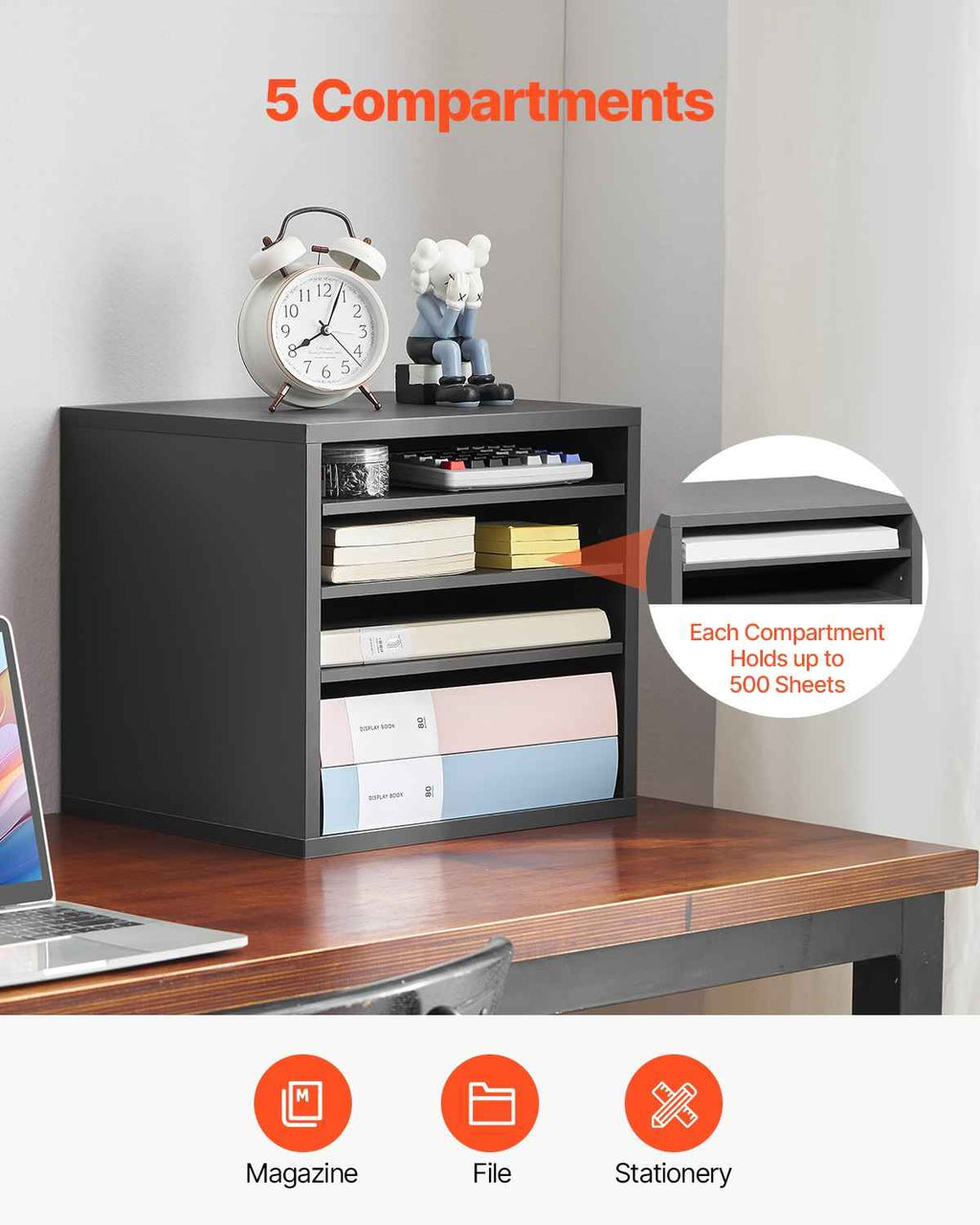 VEVOR Wooden Literature Organizer 5 Compartments with Adjustable Shelves Grey