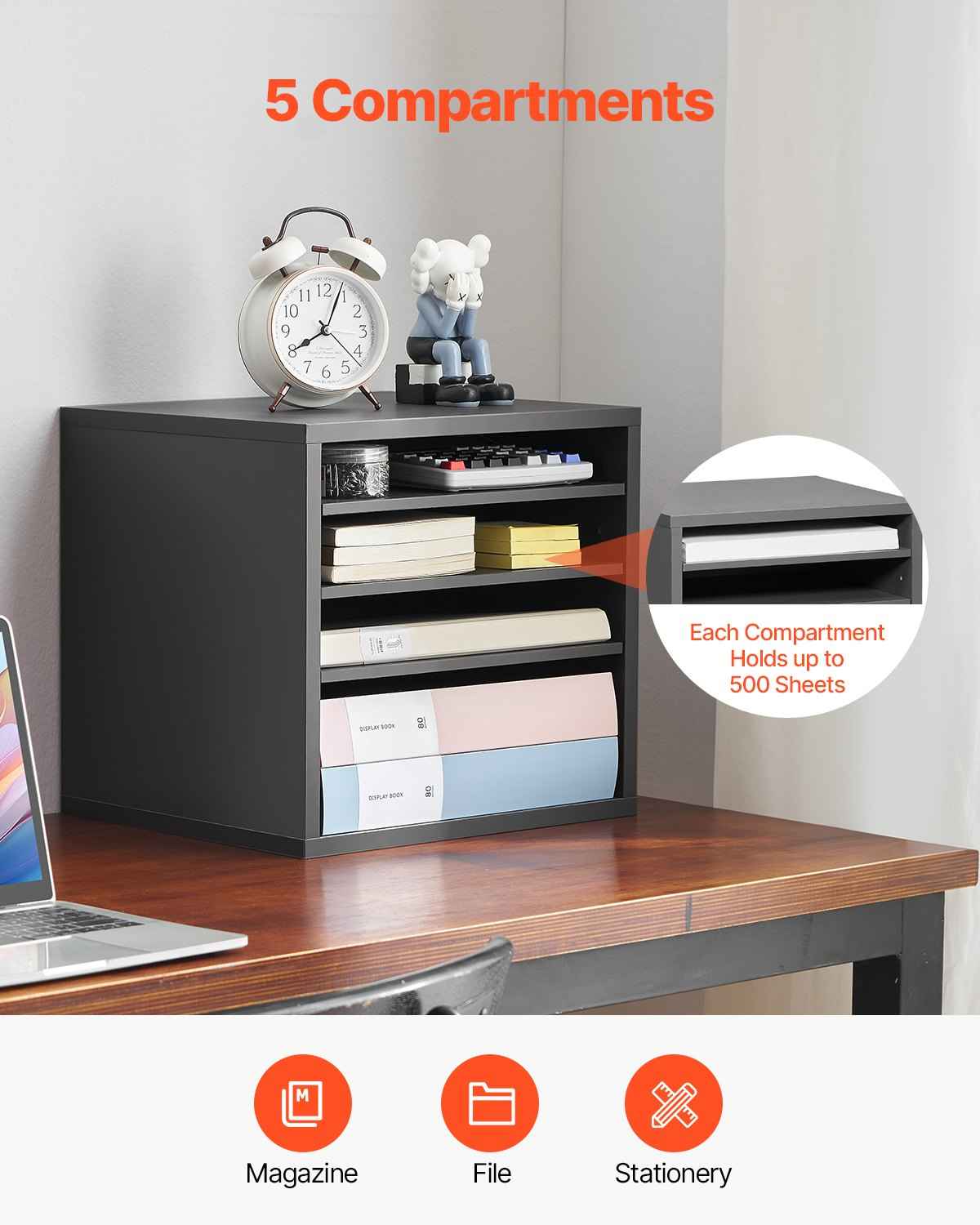 VEVOR Wooden Literature Organizer 5 Compartments with Adjustable Shelves Grey